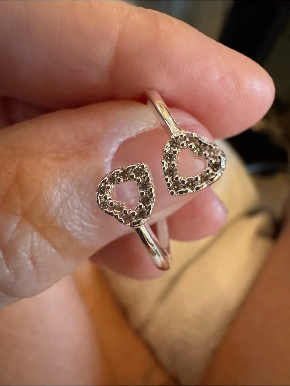 Sterling Plated Double Heart Adjustable Ring in Silver